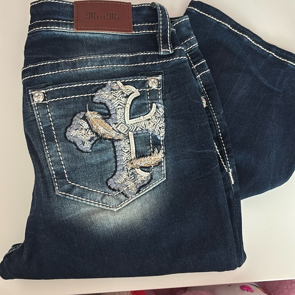 Embroidered Cross Dark Blue Jeans